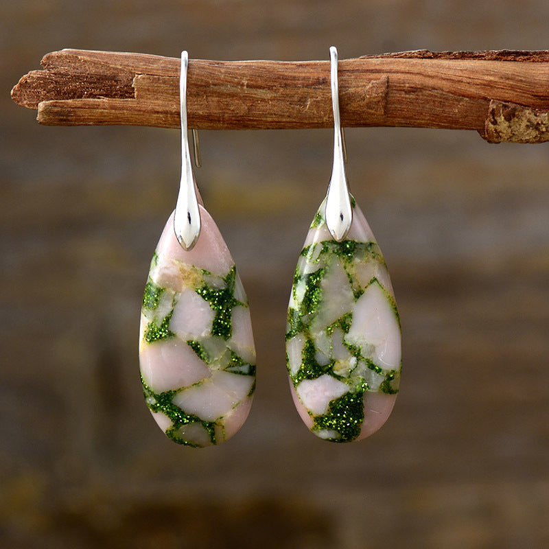 Mother Earth Natural Stone Dangle Earrings - Uncommon Things Pink Green/Silver / One Size Jewelry